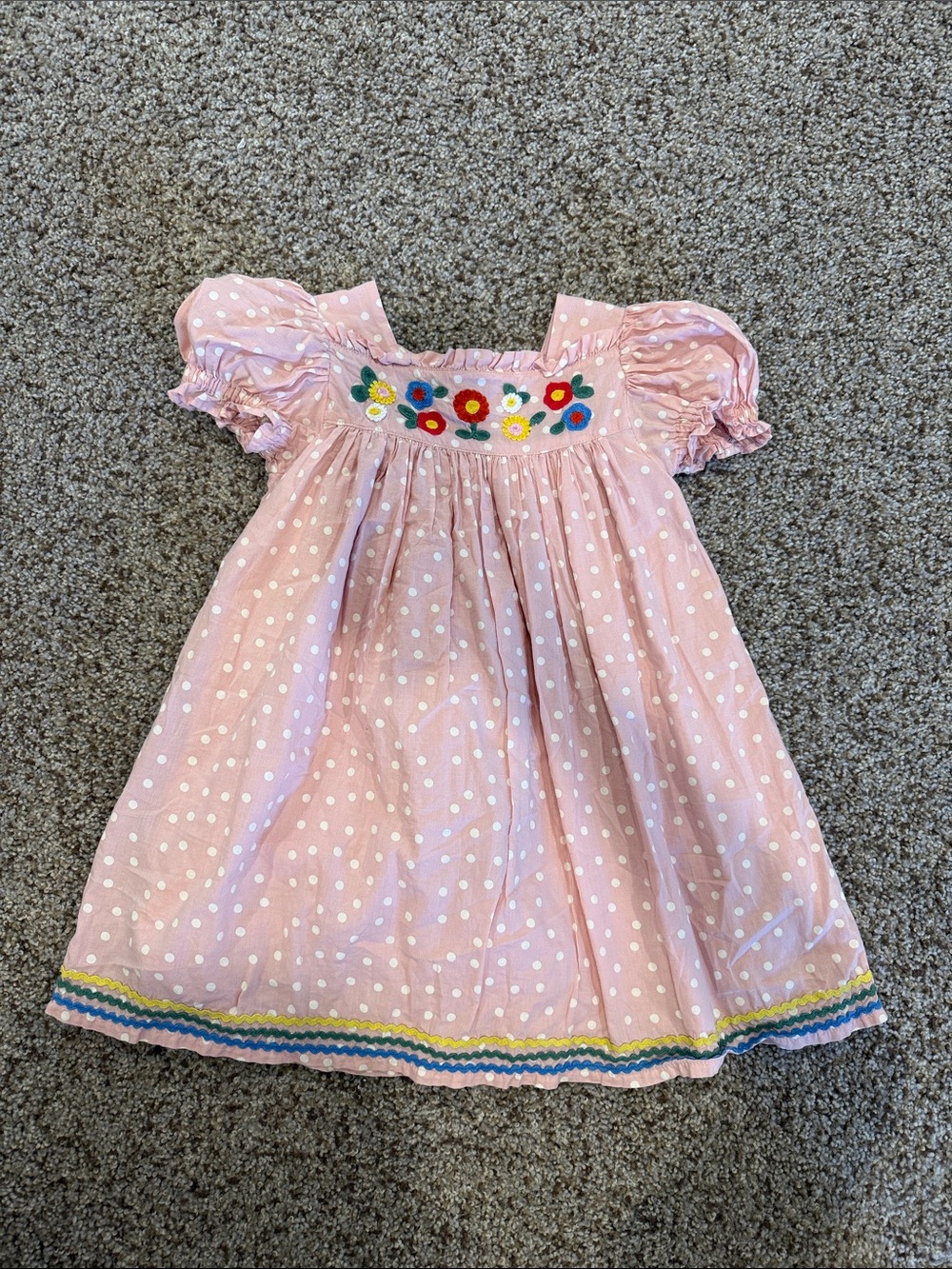 Mini Boden Pink Polka Dot Dress with Smocked Flowers